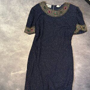 Navy Blue Vintage Sheer SWEELO Dress Beaded and Sequined Size 10